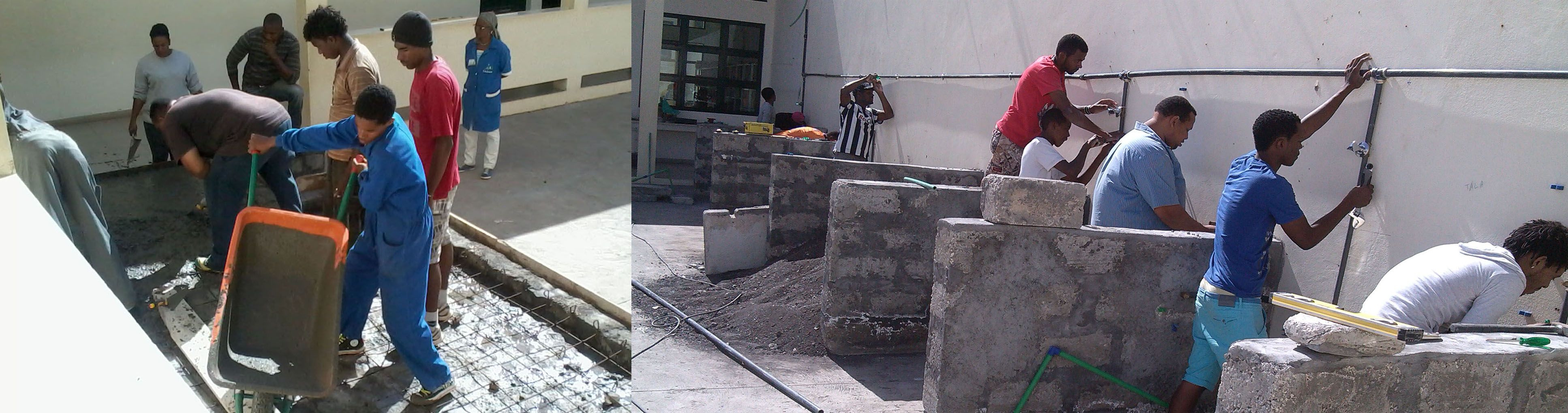 Fotografie degli studenti impegnati in lavori di idraulica ed edilizia